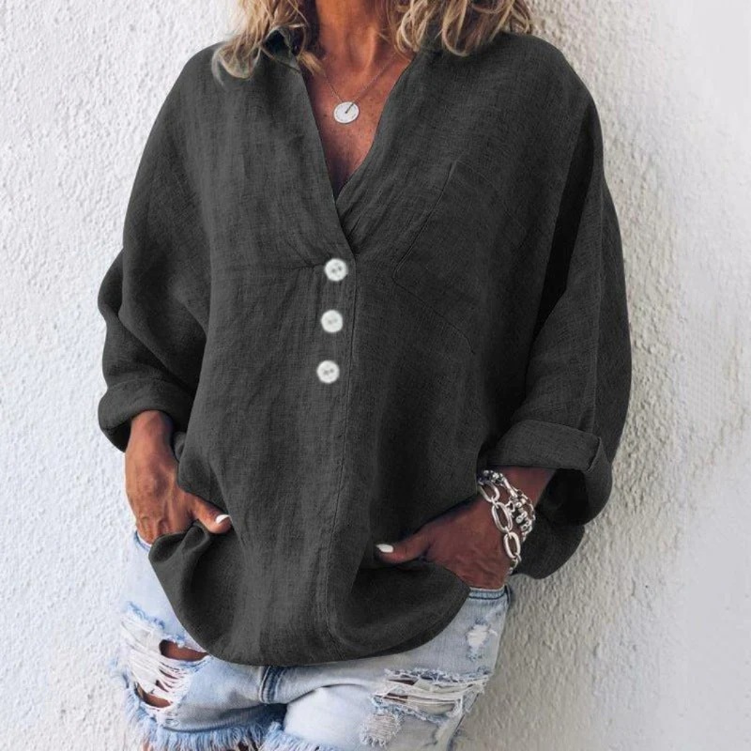 Women’s Linen-Look V-Neck Blouse – Relaxed Long-Sleeve Top for Everyday Wear