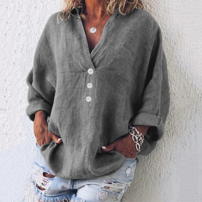 Women’s Linen-Look V-Neck Blouse – Relaxed Long-Sleeve Top for Everyday Wear