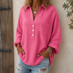 Women’s Linen-Look V-Neck Blouse – Relaxed Long-Sleeve Top for Everyday Wear
