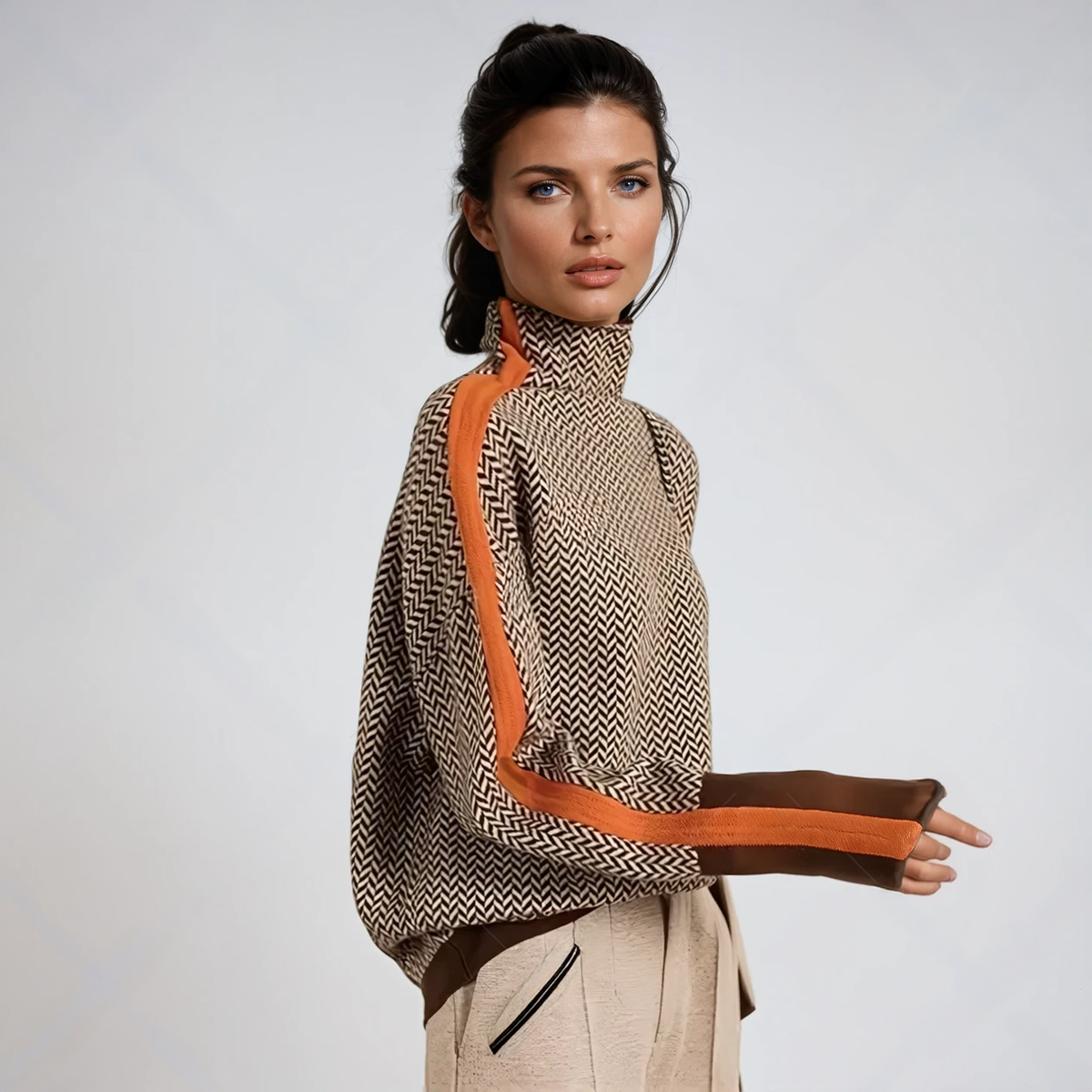 Women’s Oversized Roll-Neck Jumper – Contrast Stripe with Fold-Over Collar