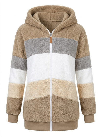 Women’s Colour-Block Teddy Fleece Hooded Jacket – Warm Zip-Up Layer for Winter