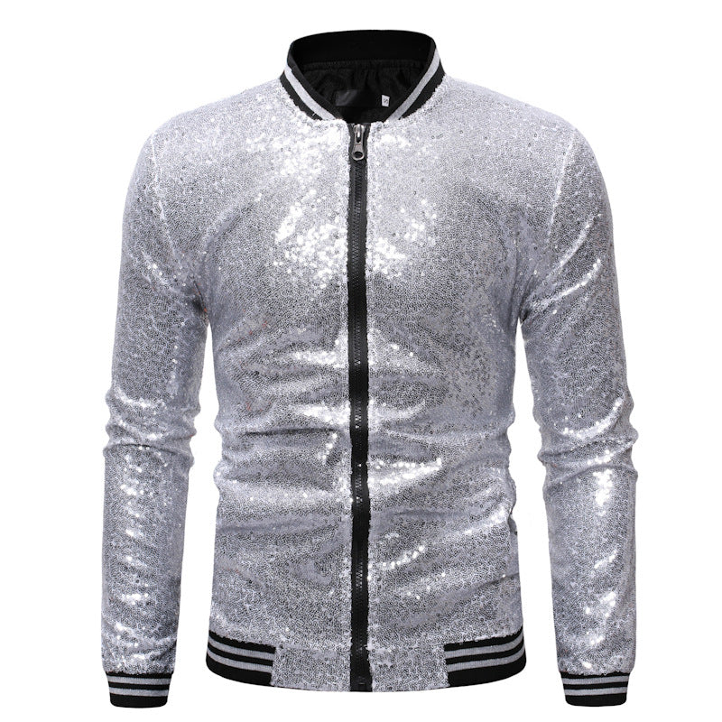 Men’s Sequin Bomber Jacket – Full-Zip Party Jacket with Ribbed Striped Trims for Statement Evening Wear