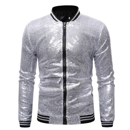 Men’s Sequin Bomber Jacket – Full-Zip Party Jacket with Ribbed Striped Trims for Statement Evening Wear
