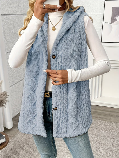 Women’s Long Knitted Waistcoat – Hooded with Button Front