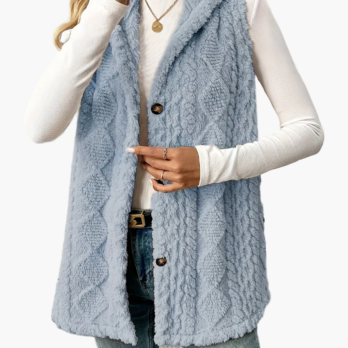 Women’s Long Knitted Waistcoat – Hooded with Button Front