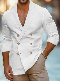 Men’s Linen Double-Breasted Blazer – Slim-Fit V-Neck Jacket with Rolled Sleeves for Smart Summer Wear
