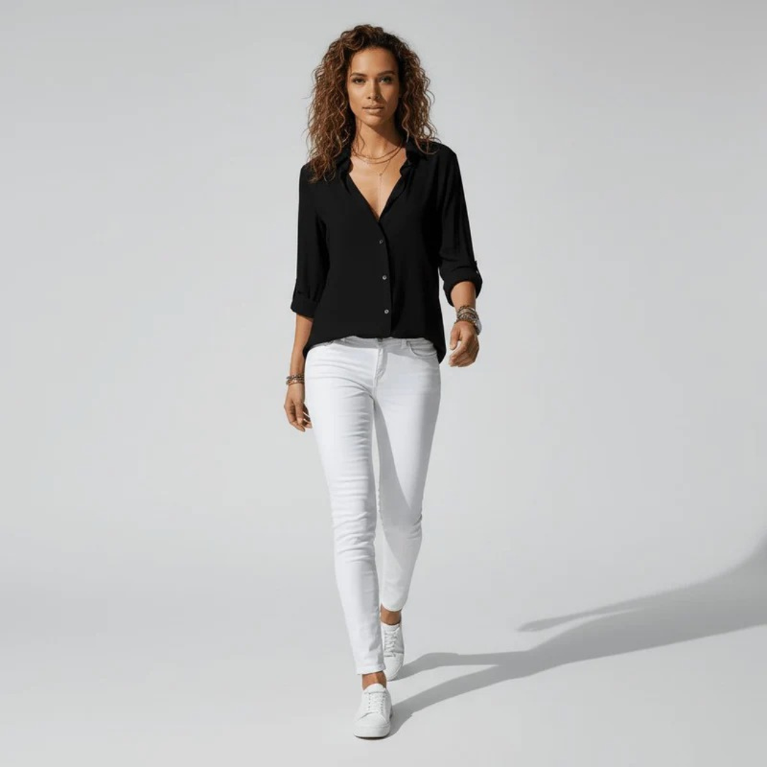 Women’s Classic Button-Up Blouse – Relaxed Long-Sleeve Shirt for Office and Everyday Wear
