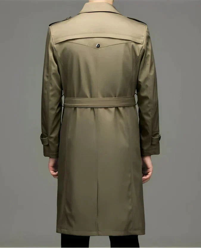 Men’s Double-Breasted Trench Coat – Longline Tailored Design with Structured Lapels and Shoulder Epaulettes