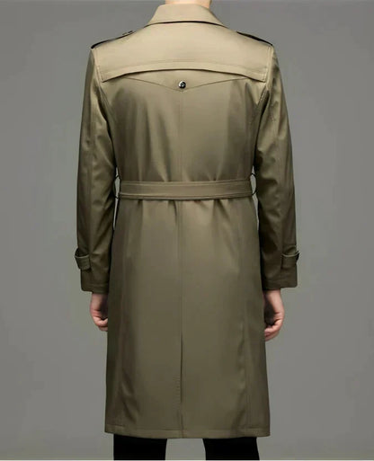 Men’s Double-Breasted Trench Coat – Longline Tailored Design with Structured Lapels and Shoulder Epaulettes