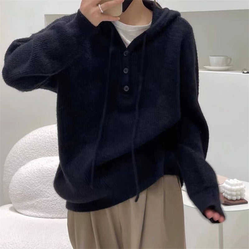 Women’s Hooded Rib-Knit Sweater – Relaxed Button-Neck Pullover for Cosy Everyday Layering