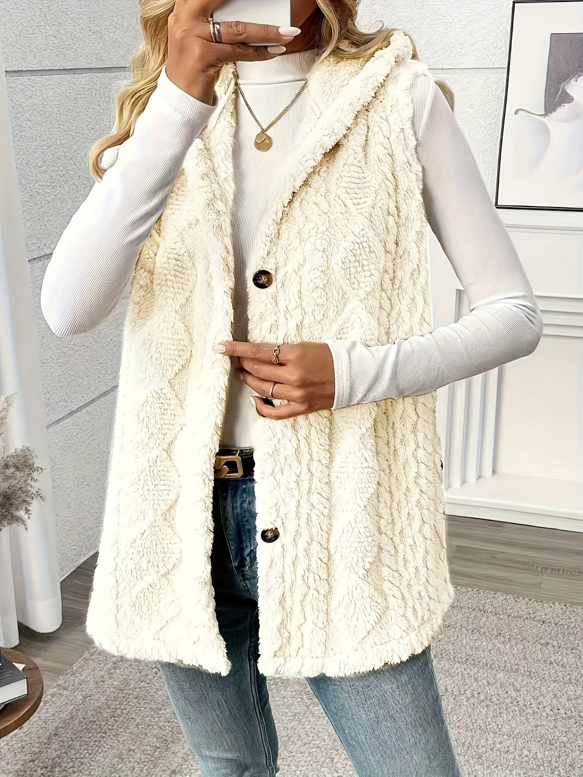 Women’s Long Knitted Waistcoat – Hooded with Button Front