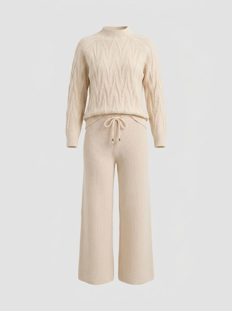 Women’s Cable-Knit Trouser Co-Ord Set – Soft Long-Sleeve Sweater with Wide-Leg Drawstring Trousers for Cosy Everyday Wear