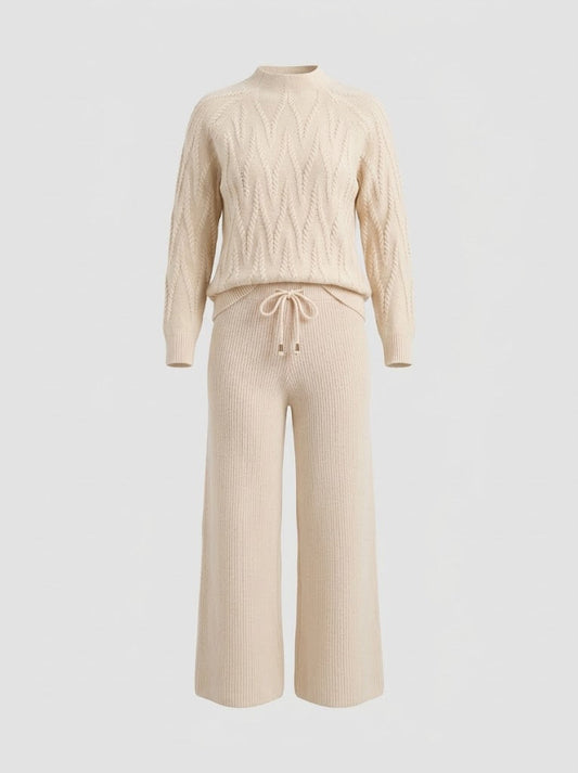 Women’s Cable-Knit Trouser Co-Ord Set – Soft Long-Sleeve Sweater with Wide-Leg Drawstring Trousers for Cosy Everyday Wear