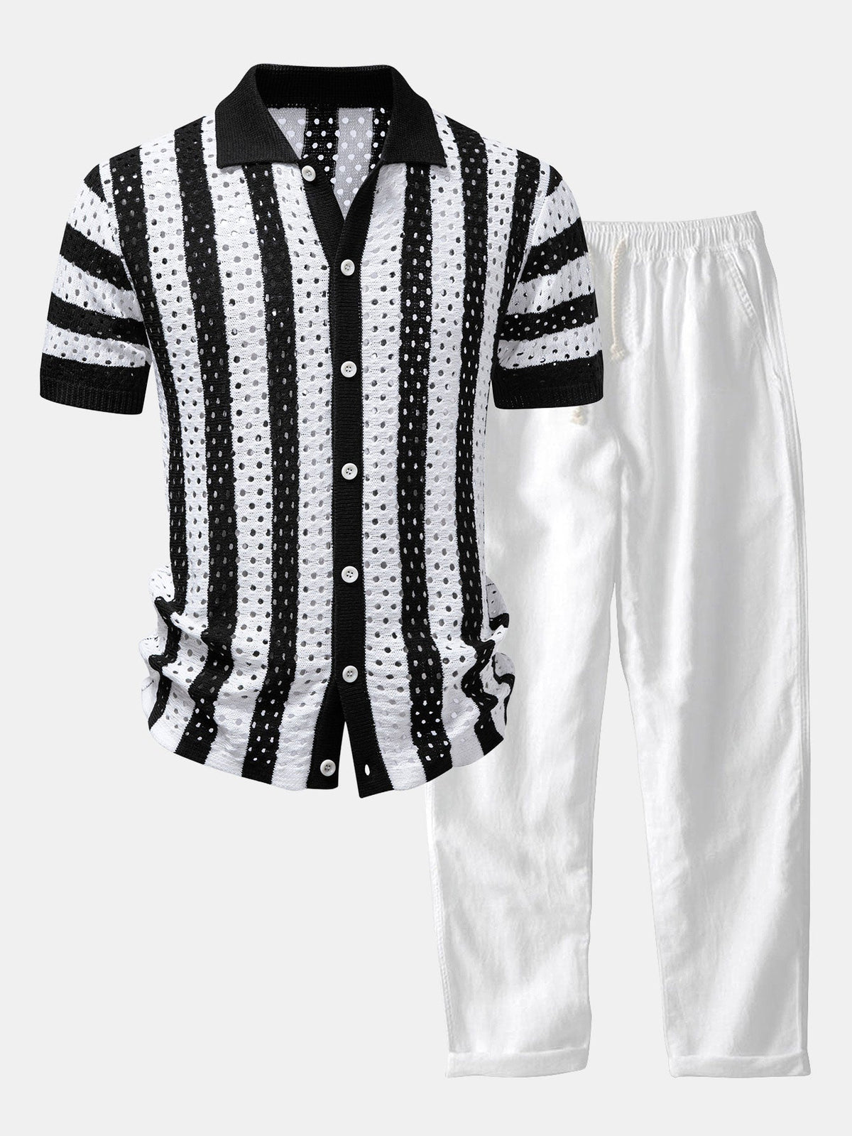 Men’s Open-Knit Shirt and Linen Blend Trousers Set – Summer Resort Co-Ord