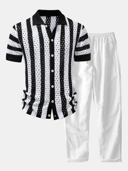Men’s Open-Knit Shirt and Linen Blend Trousers Set – Summer Resort Co-Ord