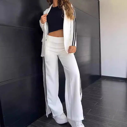 Women’s Blazer and Side-Stripe Trouser Set – Relaxed Smart-Casual Two-Piece Outfit