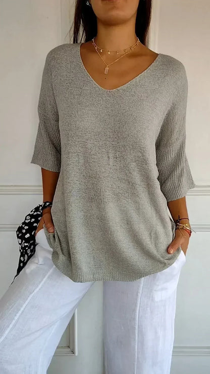 Women’s Relaxed V-Neck Knit Top – Lightweight Longline Layer for Everyday Styling