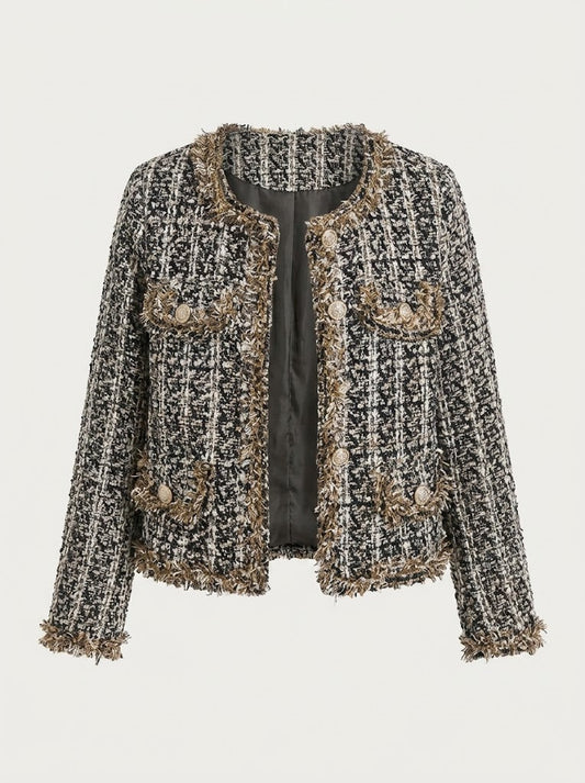 Women’s Bouclé Fringe Jacket – Cropped Textured Layer for Office and Evening Wear