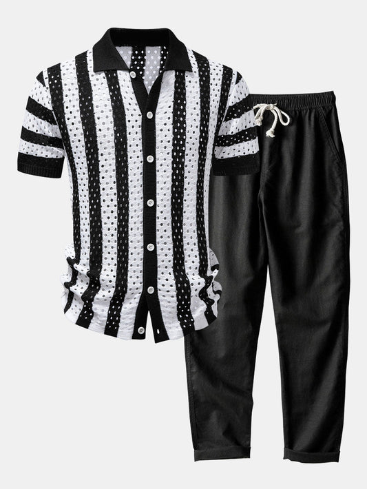 Men’s Open-Knit Shirt and Linen Blend Trousers Set – Summer Resort Co-Ord