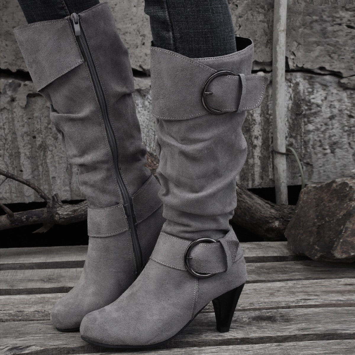 Women's Suede-Look Platform Buckle Knee-High Boots