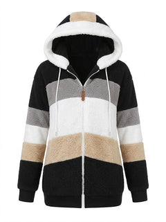 Women’s Colour-Block Teddy Fleece Hooded Jacket – Warm Zip-Up Layer for Winter