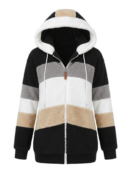 Women’s Colour-Block Teddy Fleece Hooded Jacket – Warm Zip-Up Layer for Winter