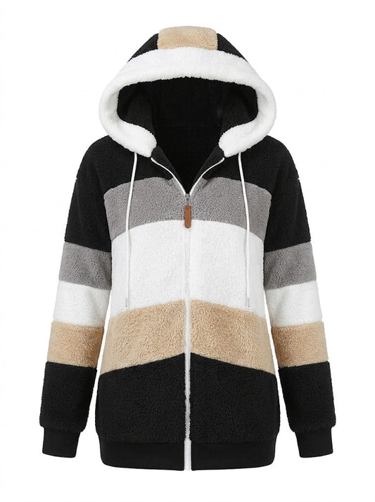 Women’s Colour-Block Teddy Fleece Hooded Jacket – Warm Zip-Up Layer for Winter