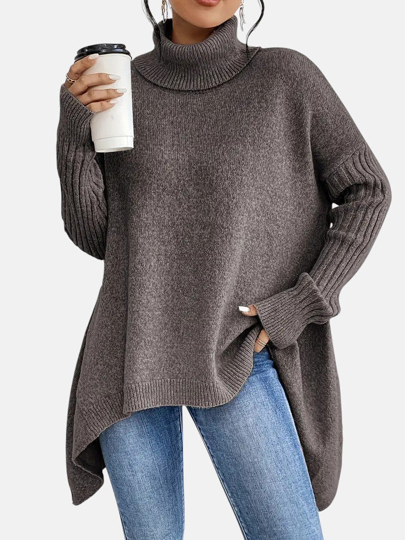 Women’s Oversized Roll-Neck Jumper – Batwing Sleeve Jumper with Dipped Hem