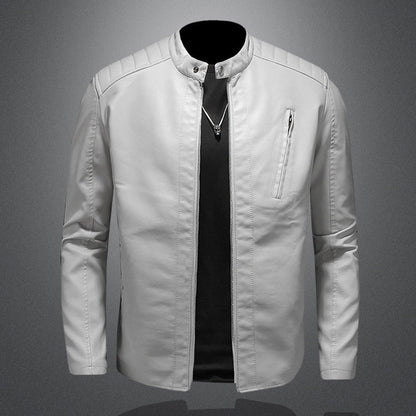 Men’s Minimal Leather Biker Jacket – Band-Collar Zip Layer for Everyday Wear