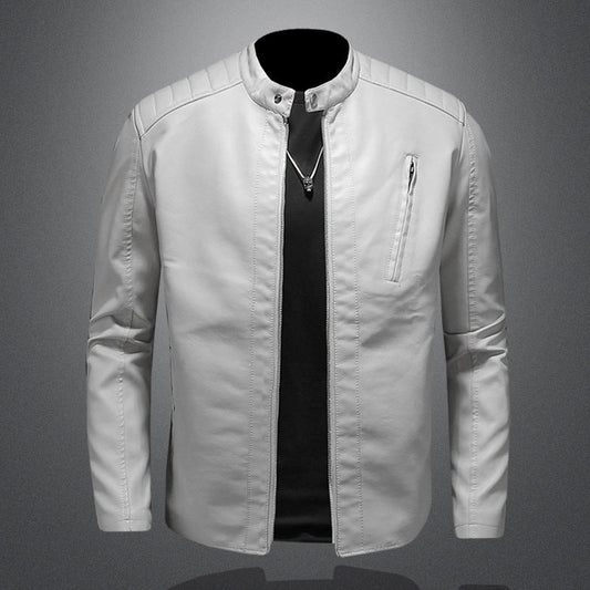 Men’s Minimal Leather Biker Jacket – Band-Collar Zip Layer for Everyday Wear