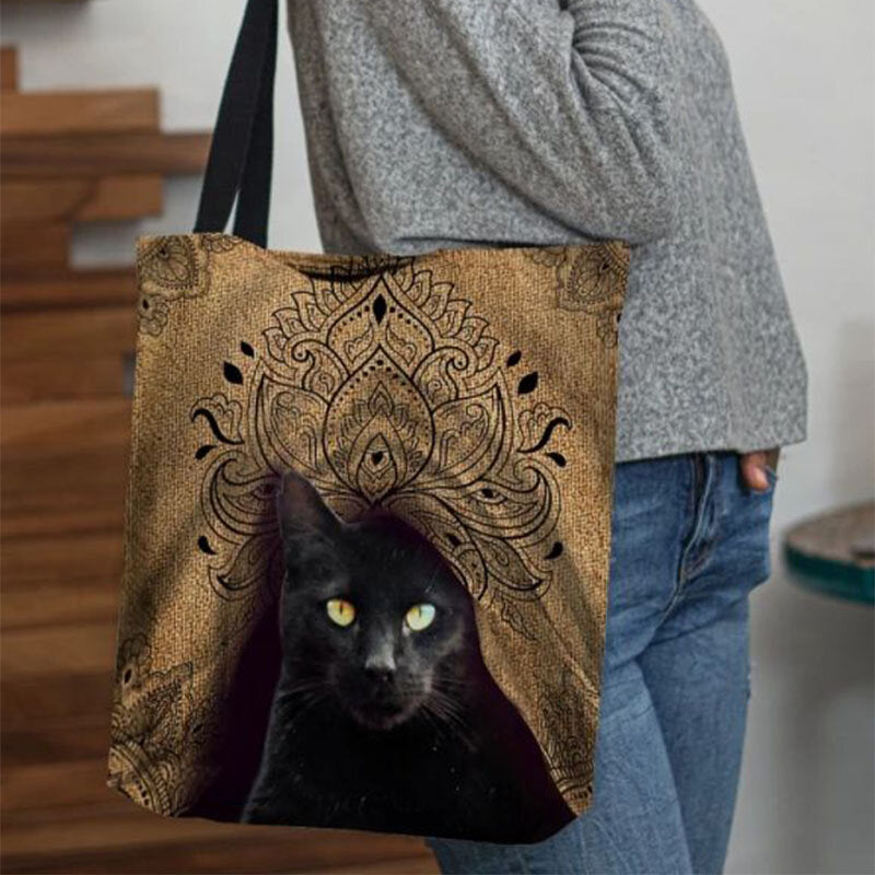 Women’s Cat Print Canvas Tote Bag – Spacious Casual Shoulder Shopper with Long Carry Handles