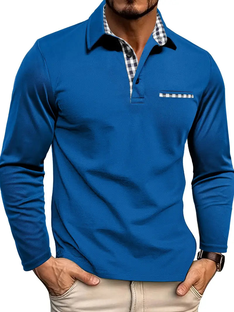 Men’s Long-Sleeve Polo Shirt – Checked Contrast Collar with Piped Chest Pocket