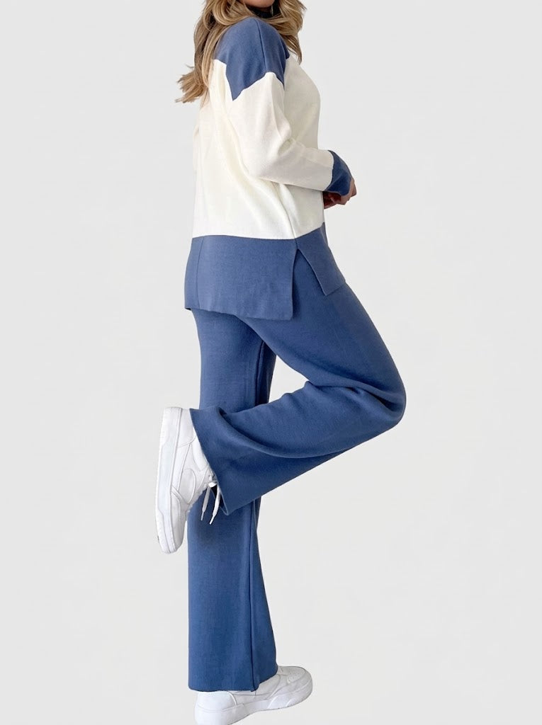 Women’s Colour-Block Knit Co-Ord Set – High-Neck Long-Sleeve Top with Wide-Leg Trousers for Casual Wear