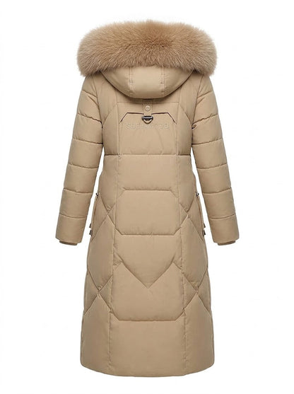 Women’s Faux-Fur Collar Puffer Coat – Shaped Longline Quilted Winter Jacket with High-Neck Protection
