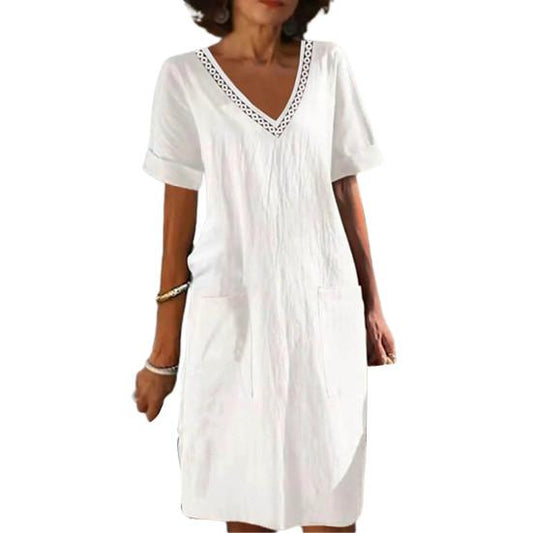 Women’s Relaxed V-Neck Summer Dress – Straight Short-Sleeve Style for Holidays and Everyday Wear