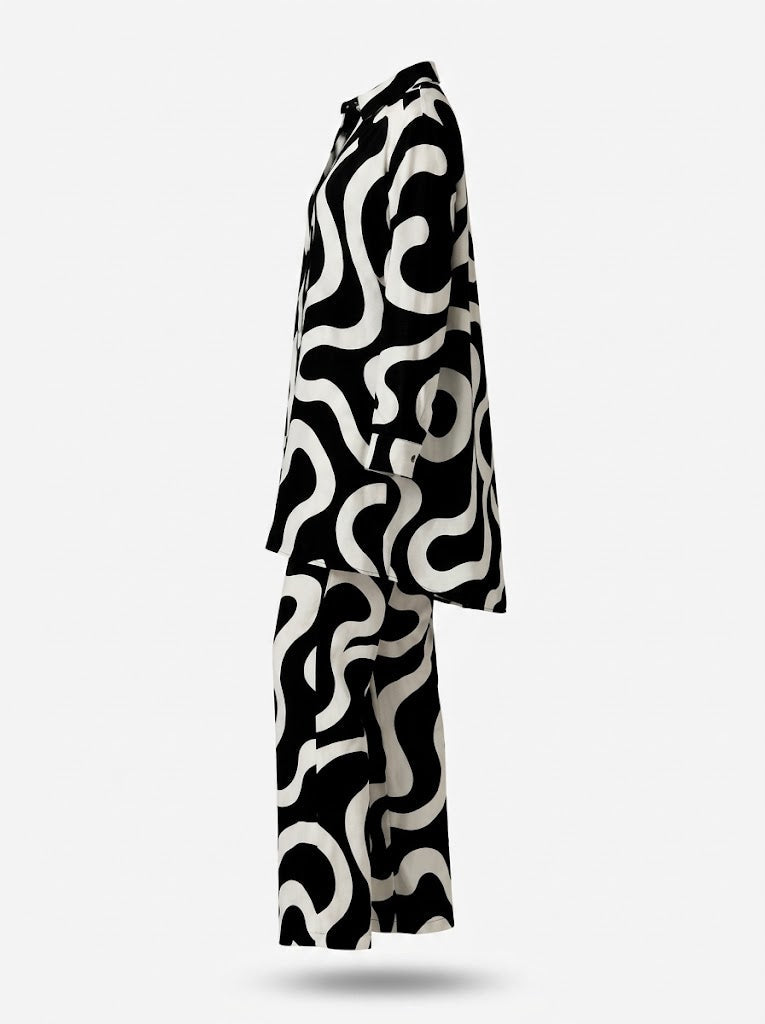 Women’s Printed Trouser Co-Ord Set – Relaxed Longline Button-Up Blouse with Elasticated Wide-Leg Trousers for Holidays and Weekend Wear