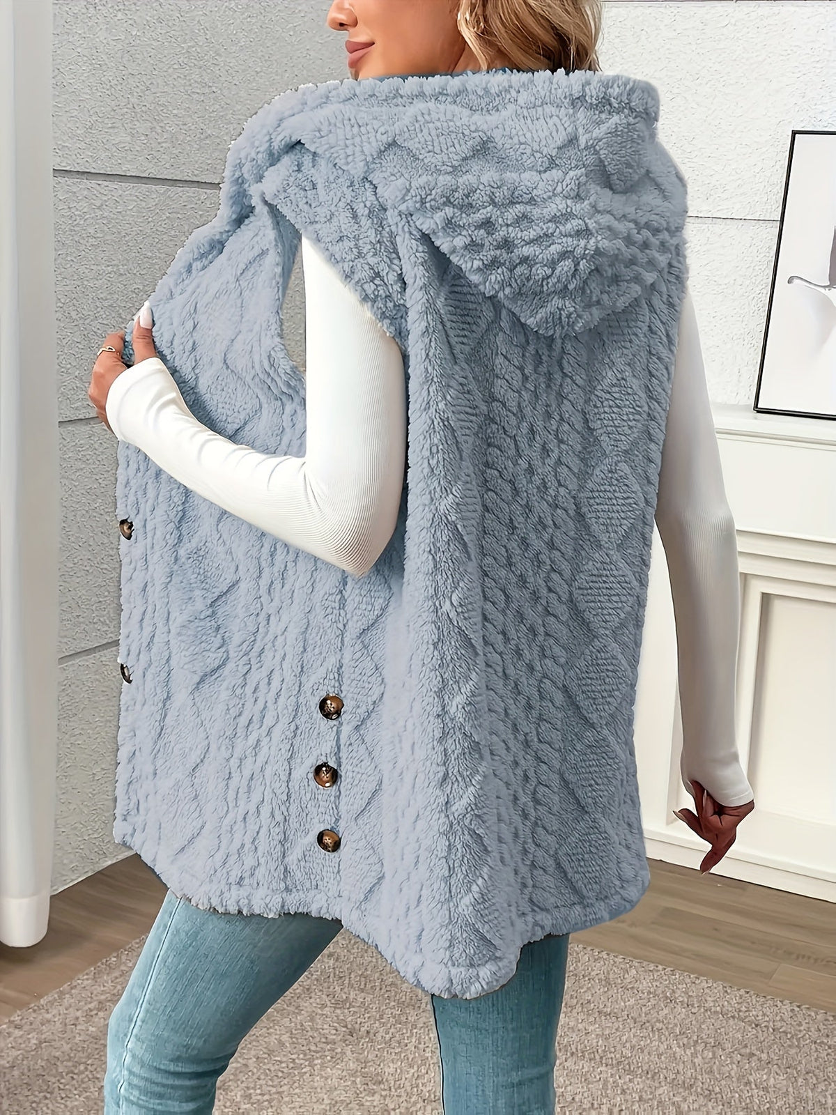 Women’s Long Knitted Waistcoat – Hooded with Button Front