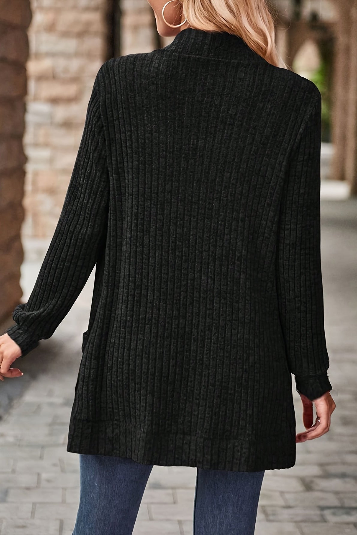 Women’s Long Cardigan – Open-Front Knitted Cardigan with Side Pockets