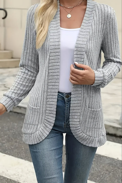 Women’s Long Cardigan – Open-Front Knitted Cardigan with Side Pockets
