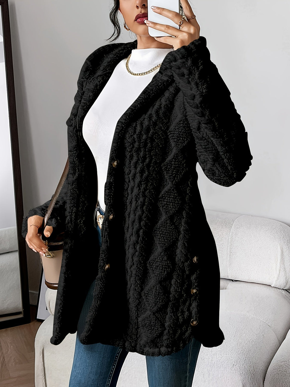 Women’s Cable-Knit Cardigan – Hooded Button-Through Cardigan