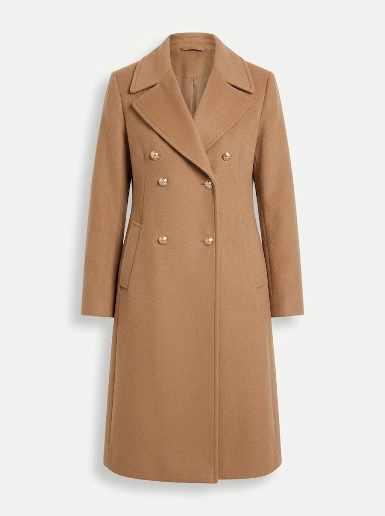 Women’s Double-Breasted Longline Coat – Tailored Lapel Overcoat with Pockets for Work and Occasion Wear