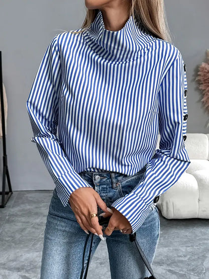 Women’s Striped Funnel-Neck Blouse – Button-Detail Long-Sleeve Style for Smart Casual Wear