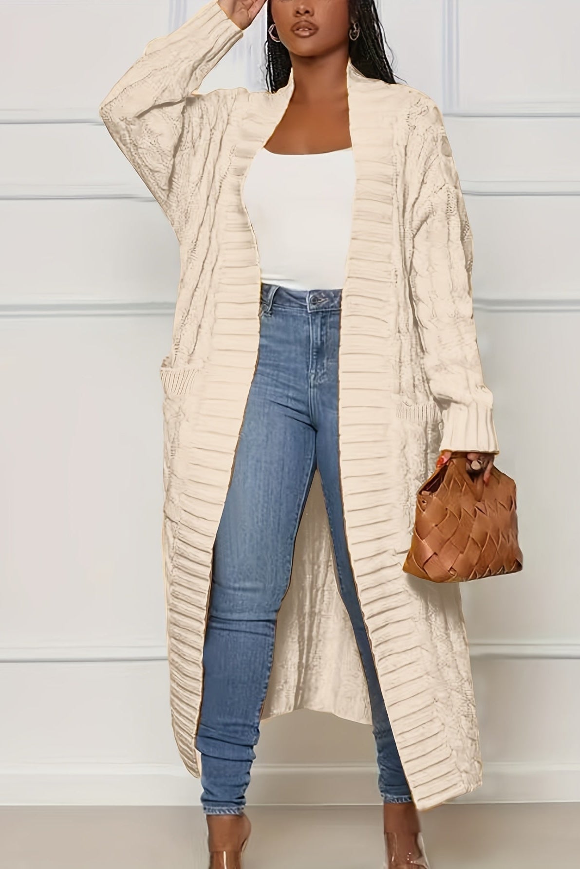 Women’s Long Cardigan – Ribbed V-Neck Longline Cardigan