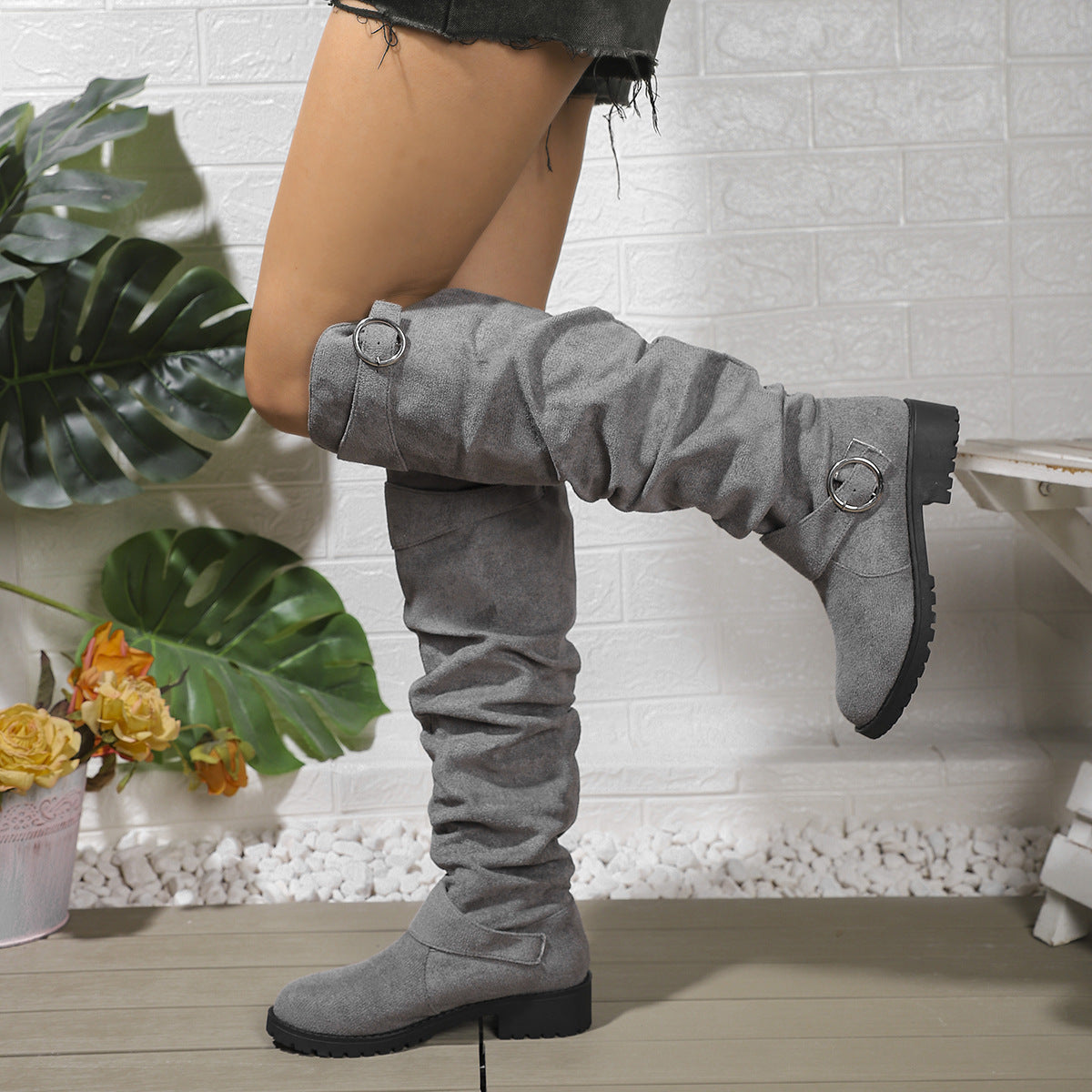 Women's Suede-Look Buckle Knee-High Boots