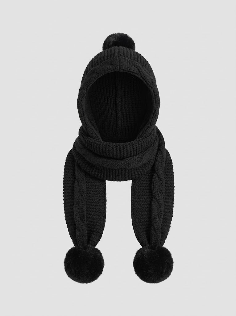 Women’s Knitted Hooded Scarf – Chunky Winter Wrap with Oversized Pom-Pom Ties