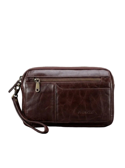 Men’s Genuine Leather Clutch Bag – Spacious Zip-Around Wristlet with Organised Storage Pockets