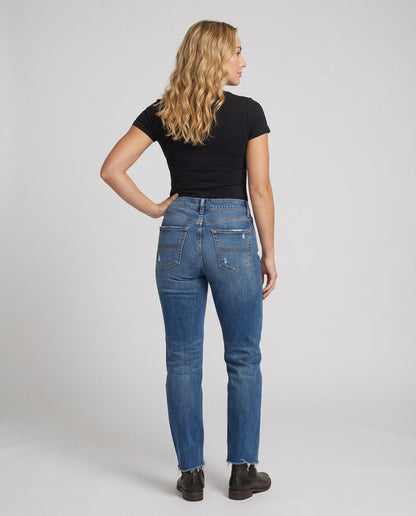 Women’s Distressed Straight-Leg Jeans – Mid-Rise Denim Trousers with Ripped Details for Casual Everyday Wear
