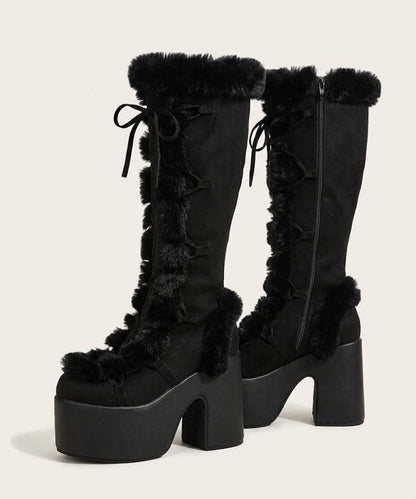 Women’s Suede Platform Knee-High Snow Boots – Plush-Lined Lace-Up Block-Heel Winter Boots
