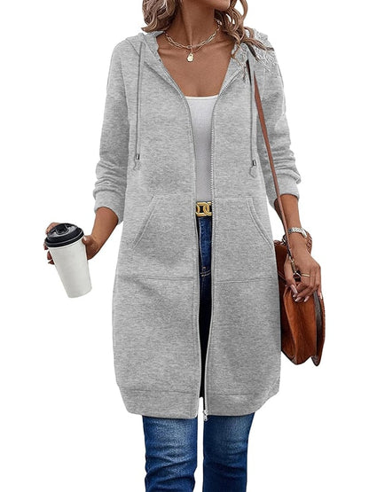 Women’s Longline Zip Hoodie – Knee-Length Brushed Hoodie with Drawcord