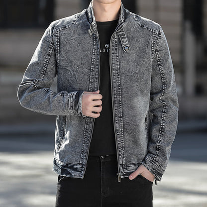 Men’s Stand-Collar Denim Jacket – Distressed Zip-Up Layer with Zipped Pockets